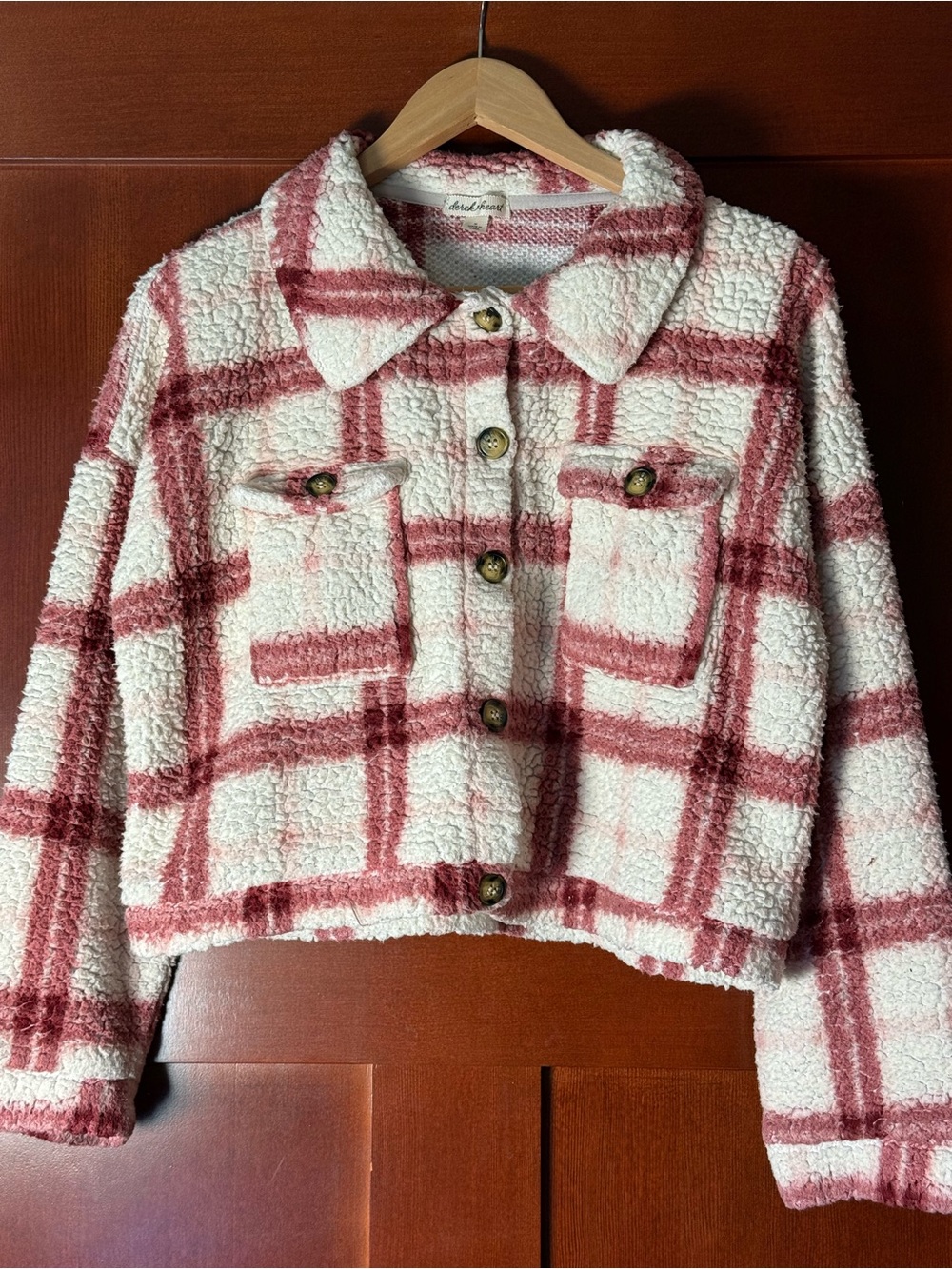 Derek Heart Pink Plaid Faux Sherpa Shirt Jacket Size Medium